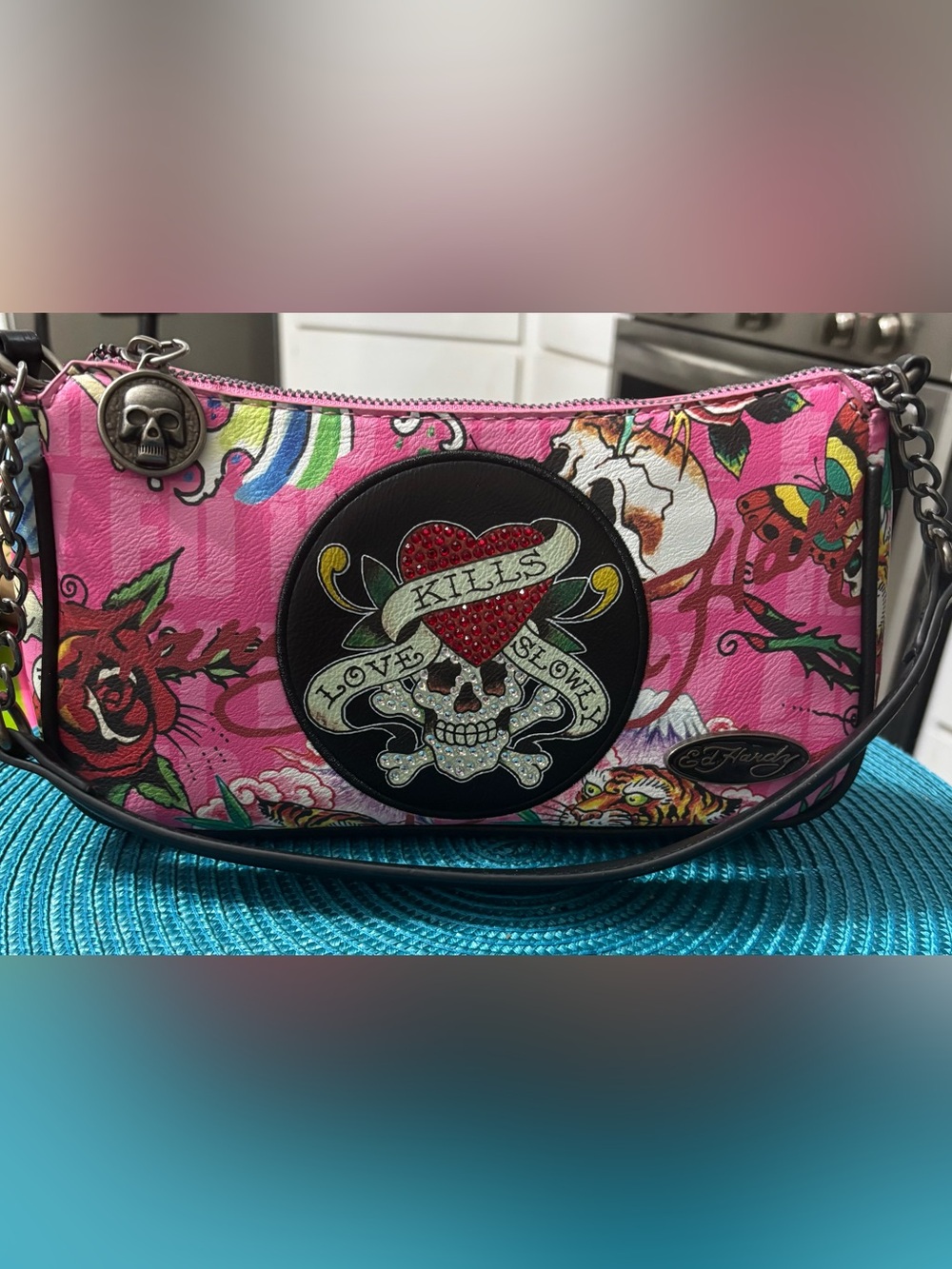 Ed Hardy Pink Floral Skull Shoulder Bag with Chain Strap